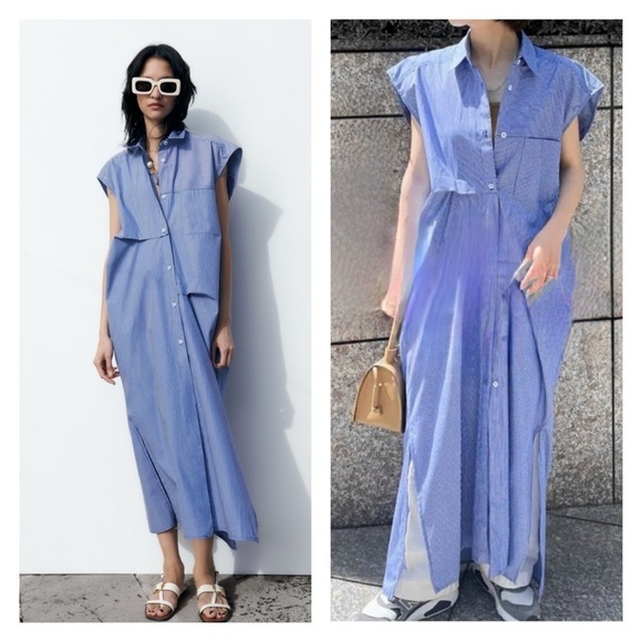 ZARA Blue Stripe Button Front Maxi Shirt Dress XS Oversized NWT - Picture 4 of 14